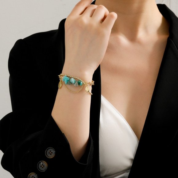 3/$35 Boho Turquoise Stones Charm Bracelet Gold Chain Layered Stainless Steel - Picture 7 of 7